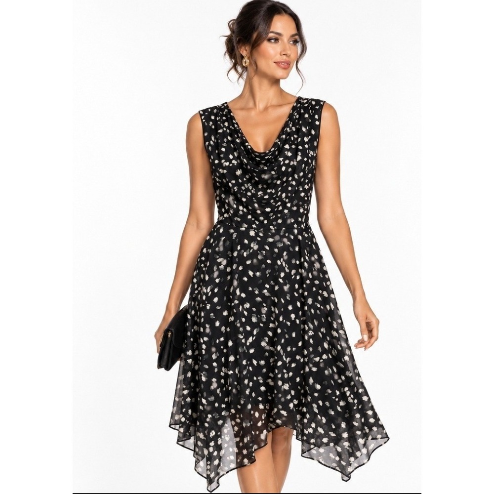 Montgomery Post Rosalie Dress Black Abstract Print Cowl Neck Mesh Sleeveless S